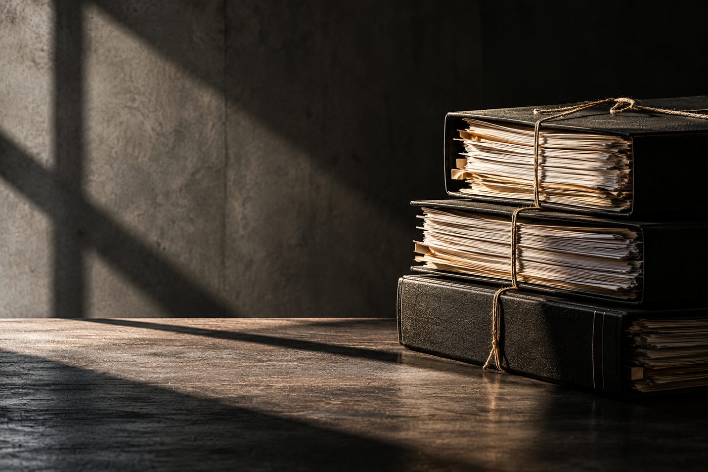 Expedientes legales atados y apilados