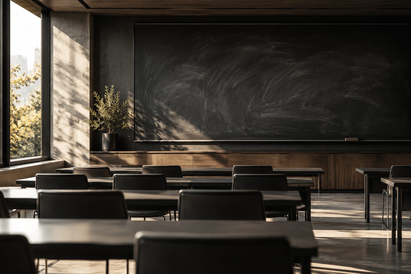 Aula ejecutiva vacía con luz de ventana