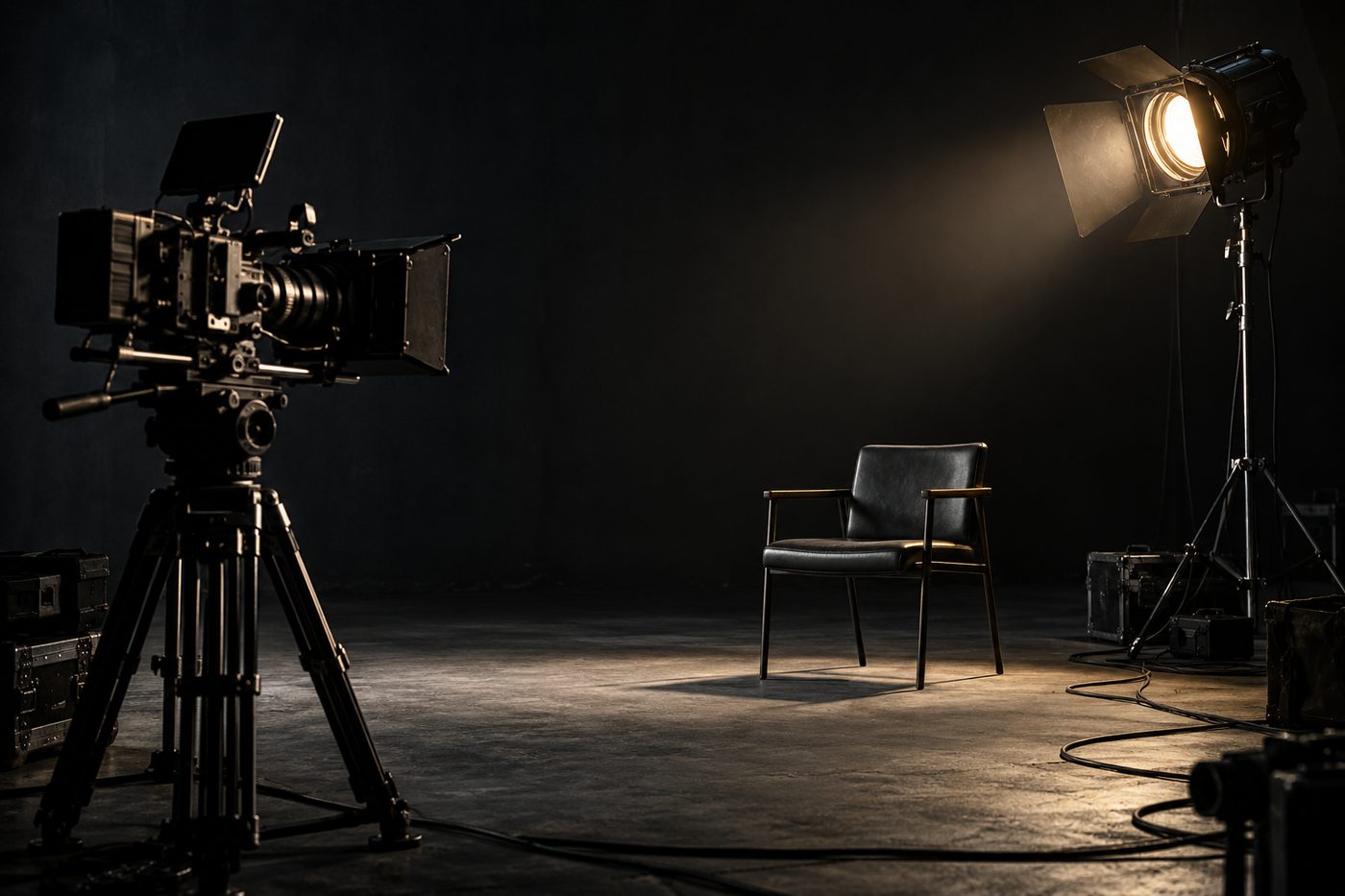 Set de grabación con cámara de cine y luz de estudio