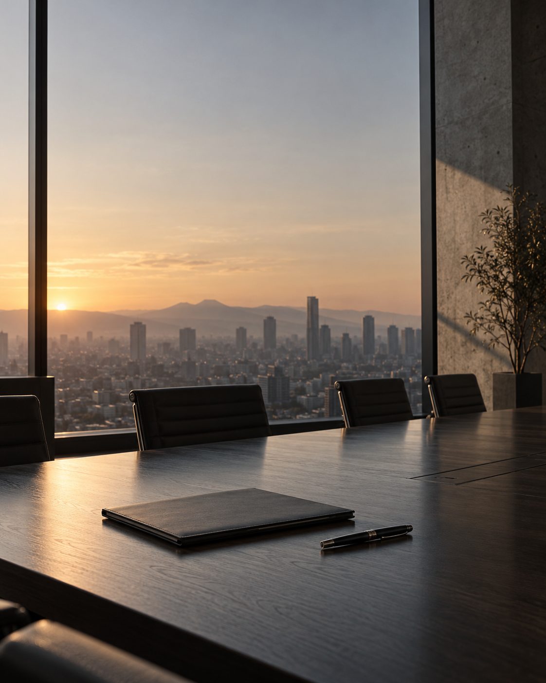 Sala de juntas con vista a la ciudad al amanecer